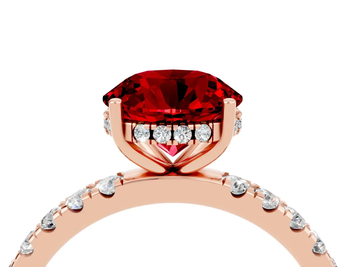 Round Cut Ruby Pave Band Solitaire Ring with Round and Prong Setting Rose gold