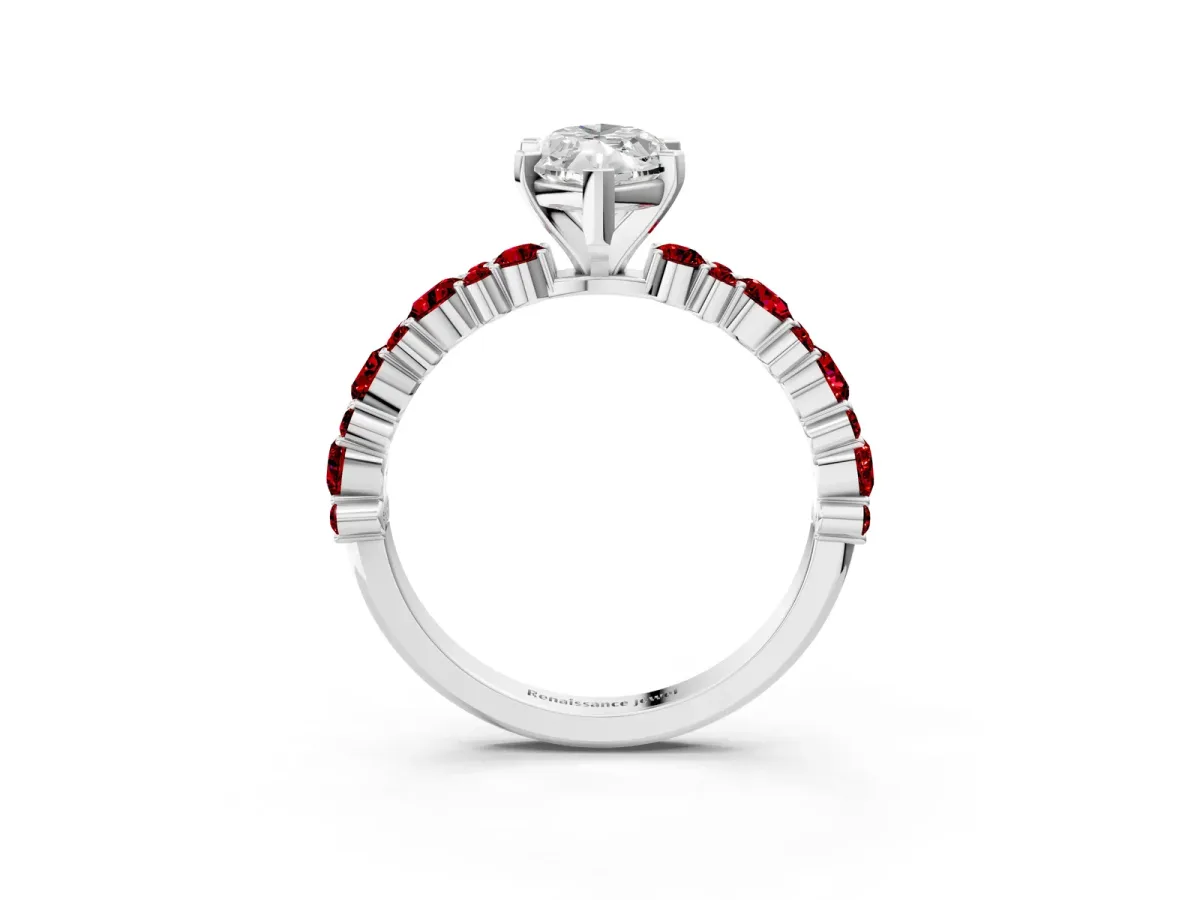Marquise Cut Diamond Side Stone Solitaire Ring with Round Ruby and Four-Prong Setting Platinum
