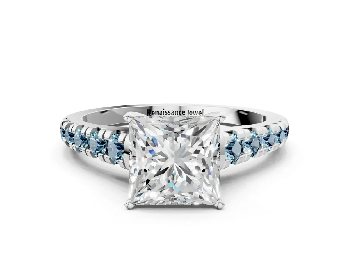 Princess Cut Diamond Cathedral Solitaire Ring with Round Aquamarine Pavé Band Silver