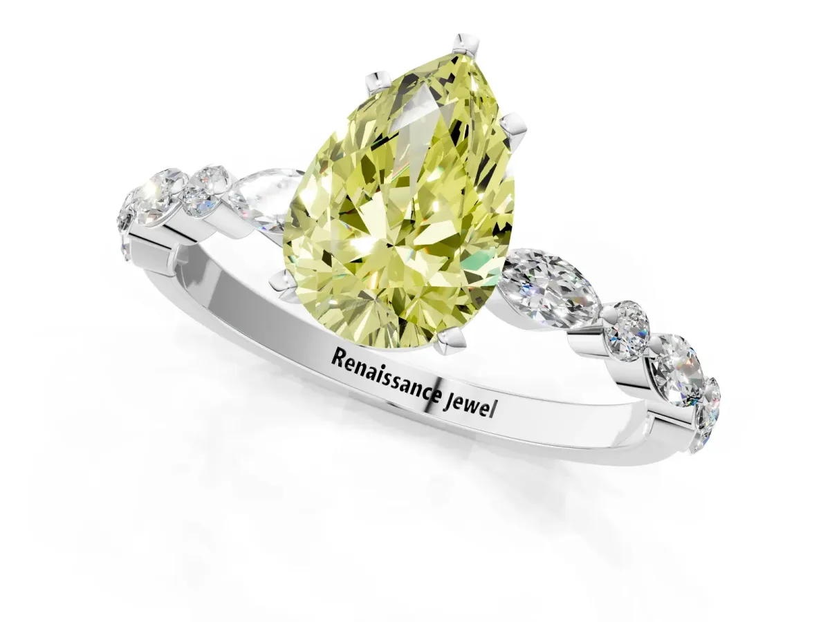 Fancy Yellow Pear Cut Diamond Ring with Marquise and Round Side Stones and Four-Prong Setting Platinum