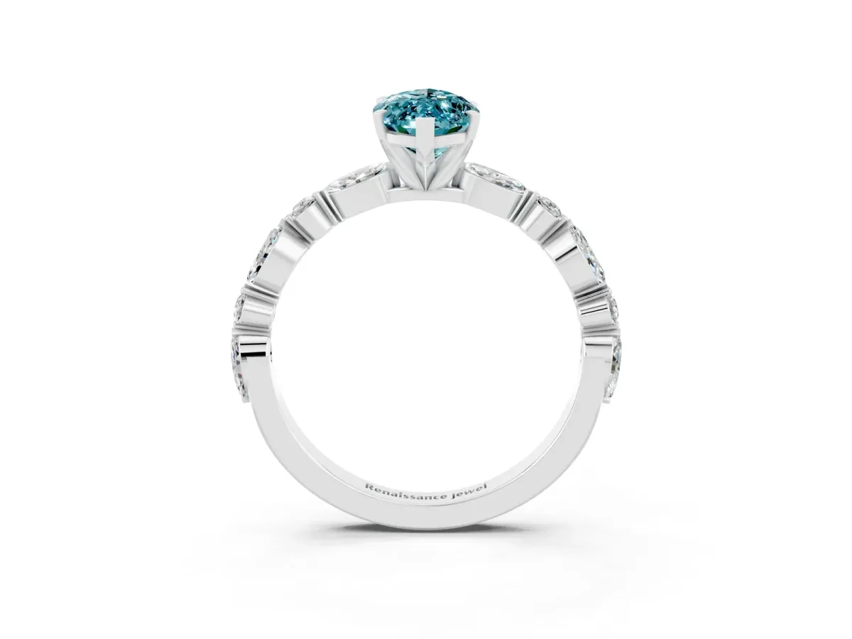 Marquise Cut Blue Topaz Ring with Marquise and Round Side Stones and Four-Prong Setting Silver