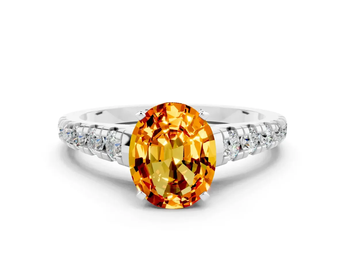 Oval Cut Citrine Cathedral Solitaire Ring with Round Pavé Band White gold