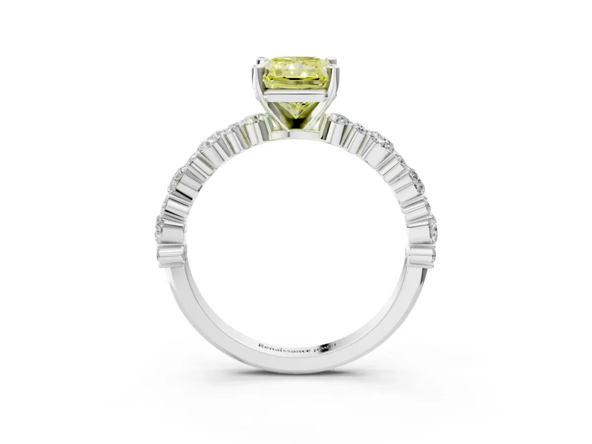 Fancy Yellow Radiant Cut Diamond Side Stone Solitaire Ring with Round and Four-Prong Setting Platinum