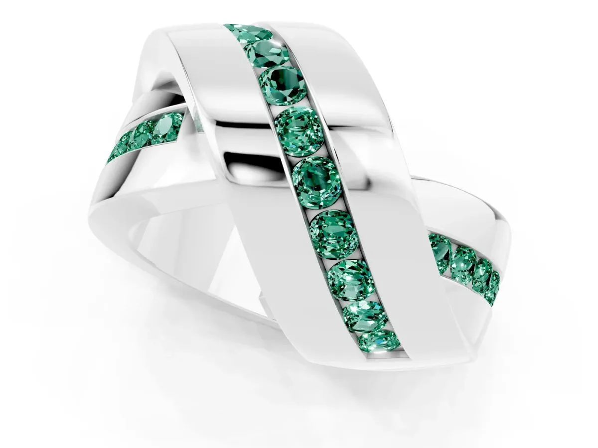 Pavé Round Green Sapphire Crossover Band with Channel Setting Platinum