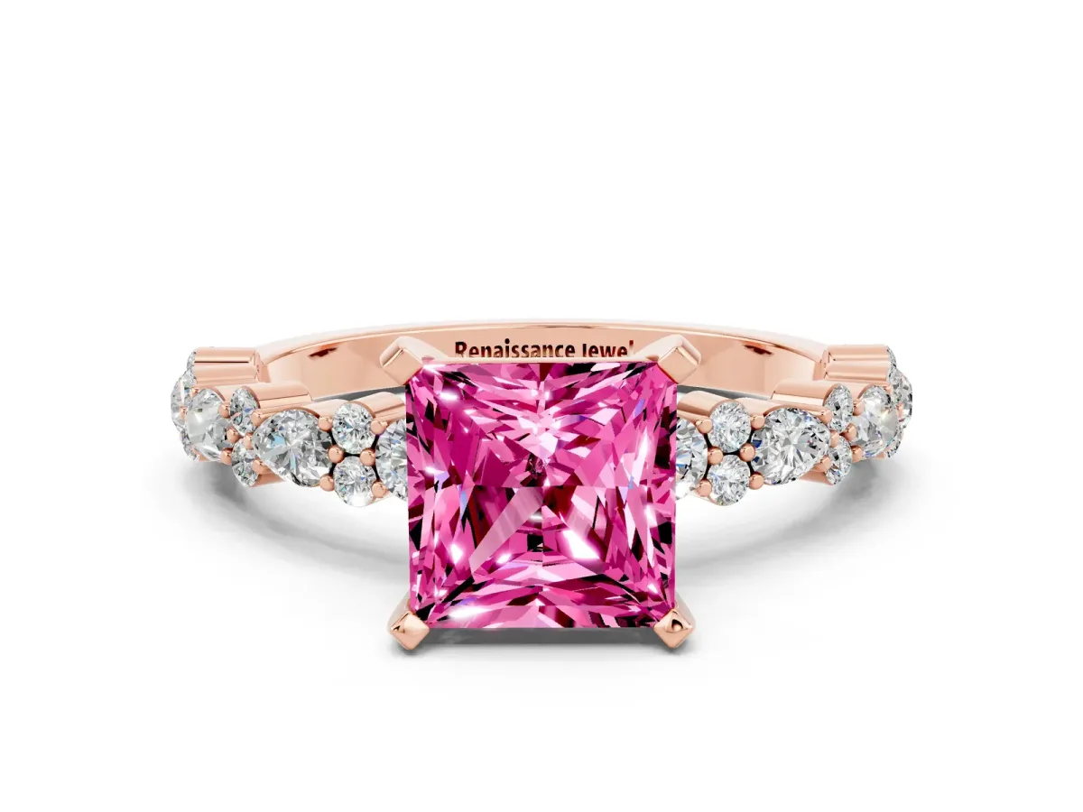 Princess Cut Pink Sapphire Side Stone Solitaire Ring with Round and Four-Prong Setting Rose gold