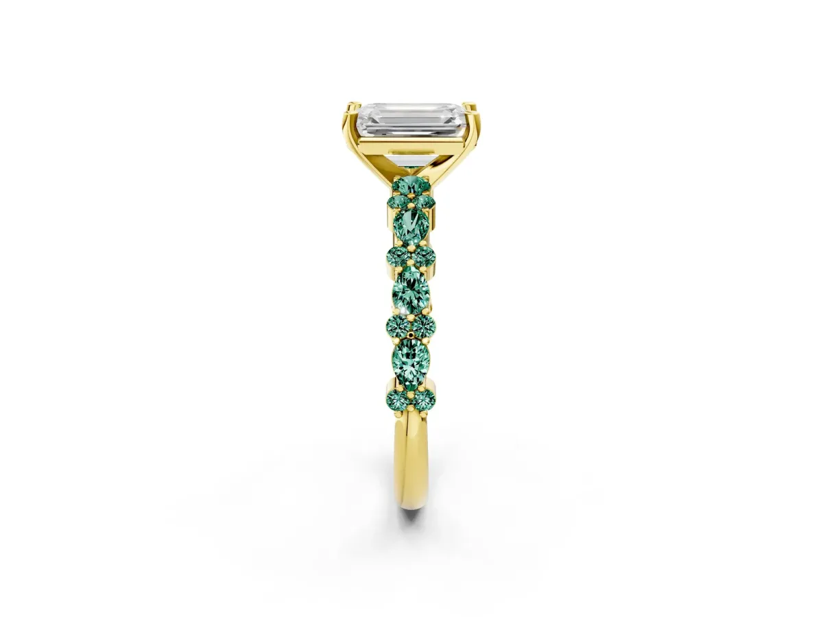 Emerald Cut Diamond Side Stone Solitaire Ring with Round Green Sapphire and Four-Prong Setting Yellow gold