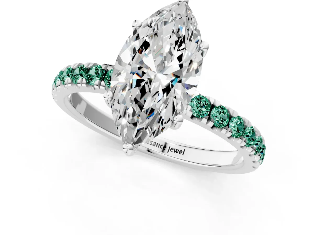 Marquise Cut Diamond Pave Band Solitaire Ring with Round Green Sapphire and Prong Setting Silver