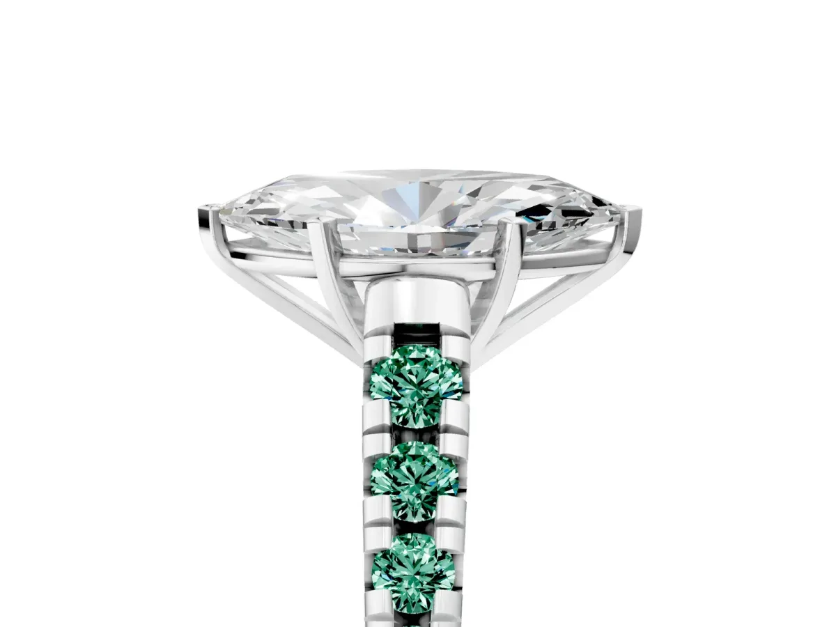 Marquise Cut Diamond Cathedral Solitaire Ring with Round Green Sapphire Pavé Band Silver