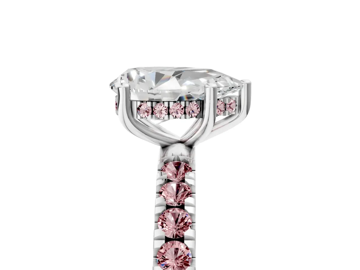 Pear Cut Diamond Pave Band Solitaire Ring with Round Morganite and Prong Setting Platinum