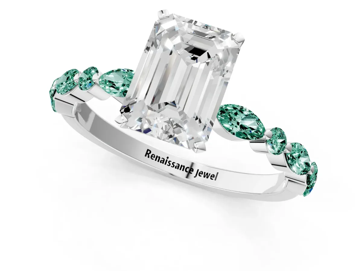 Emerald Cut Diamond Ring with Marquise and Round Green Sapphire Side Stones and Four-Prong Setting Silver