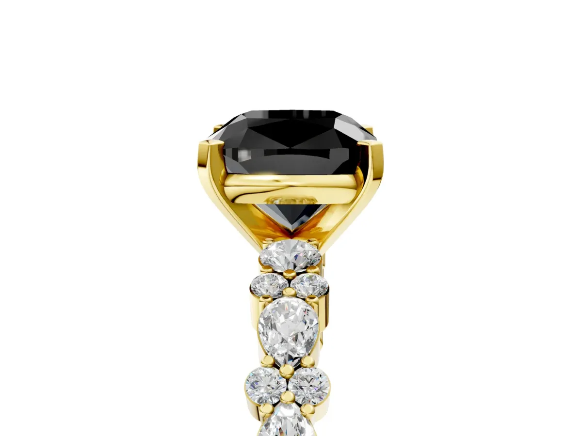 Fancy Black Cushion Cut Diamond Side Stone Solitaire Ring with Round and Four-Prong Setting Yellow gold