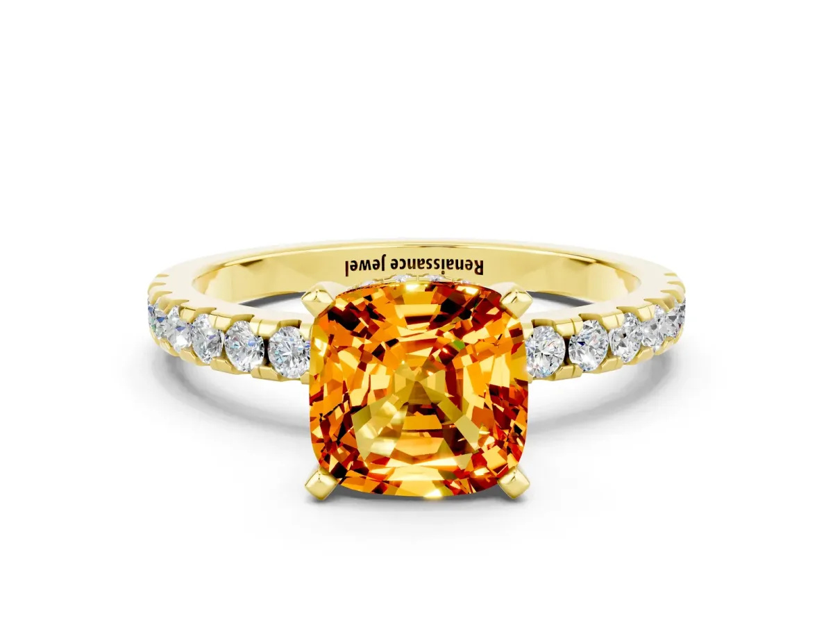 Cushion Cut Citrine Solitaire Ring with Round Pavé Band and Four-Prong Setting Yellow gold