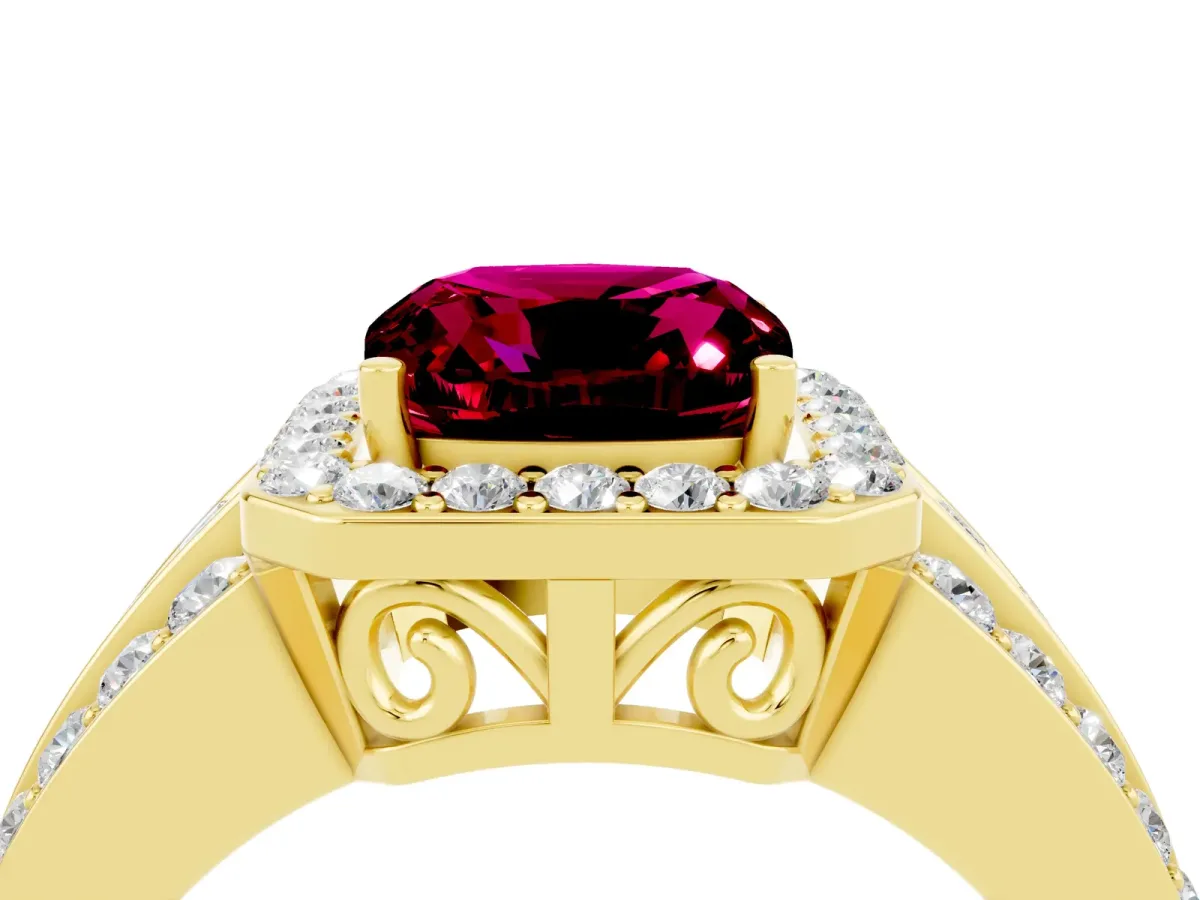 Cushion Cut Halo Garnet Ring with Round Split Shank and Prong Setting Yellow gold