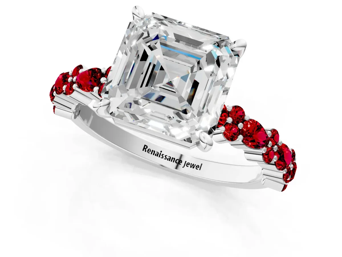 Asscher Cut Diamond Side Stone Solitaire Ring with Round Ruby and Four-Prong Setting Platinum