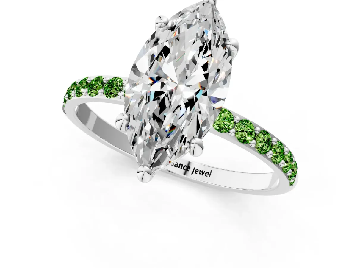 Marquise Cut Diamond Solitaire Ring with Round Peridot Pavé Band and Prong Setting White gold