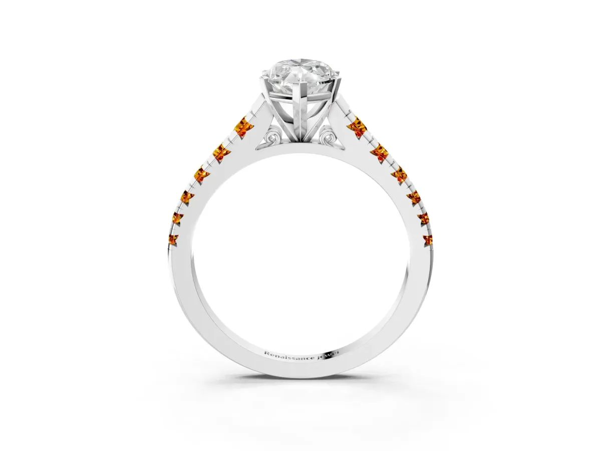 Marquise Cut Diamond Cathedral Solitaire Ring with Round Citrine Pavé Band Silver