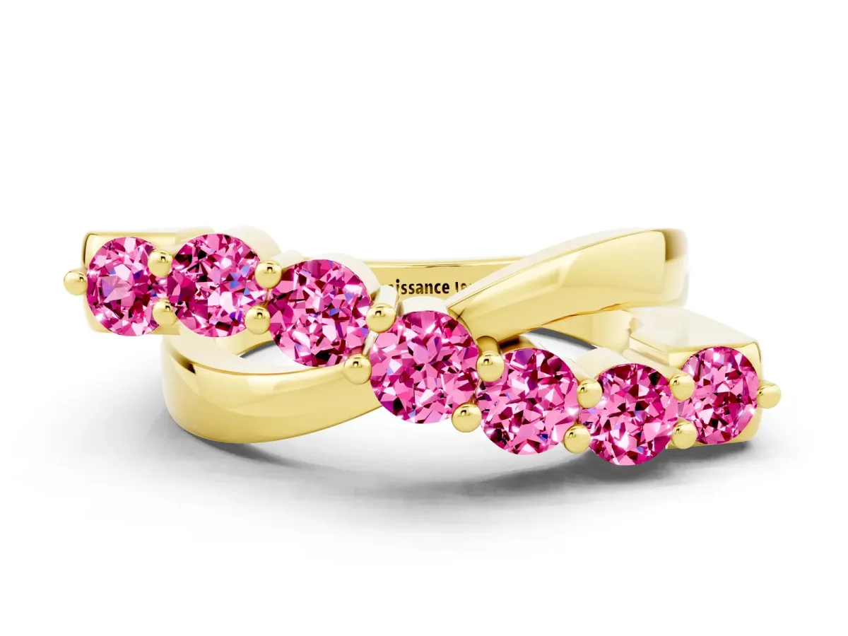 Round Pink Sapphire Prong-Set Crossover Band Yellow gold