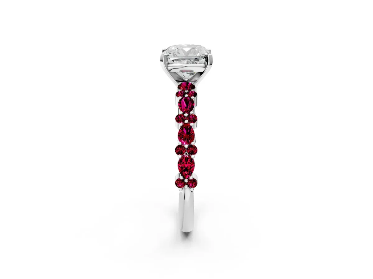 Cushion Cut Diamond Side Stone Solitaire Ring with Round Garnet and Four-Prong Setting Platinum