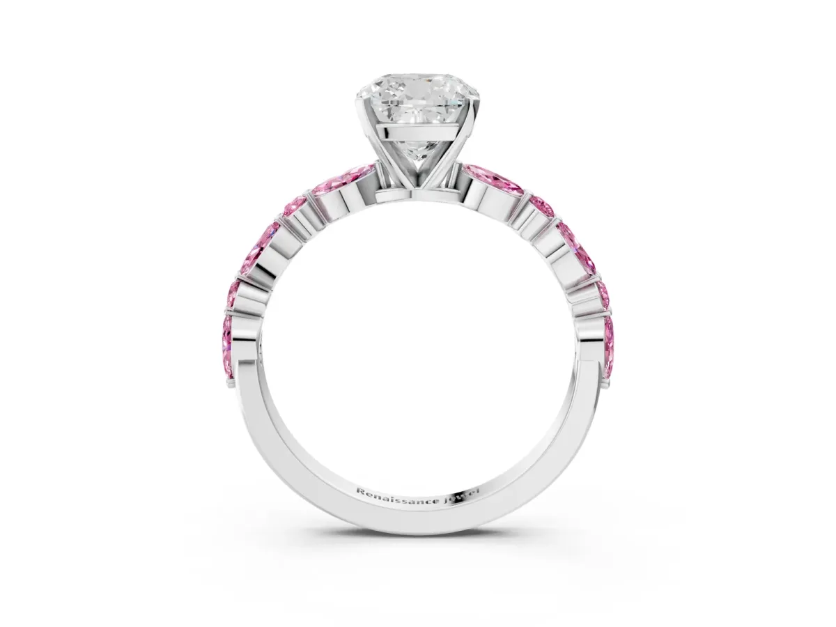Cushion Cut Diamond Ring with Marquise and Round Pink Sapphire Side Stones and Four-Prong Setting Silver