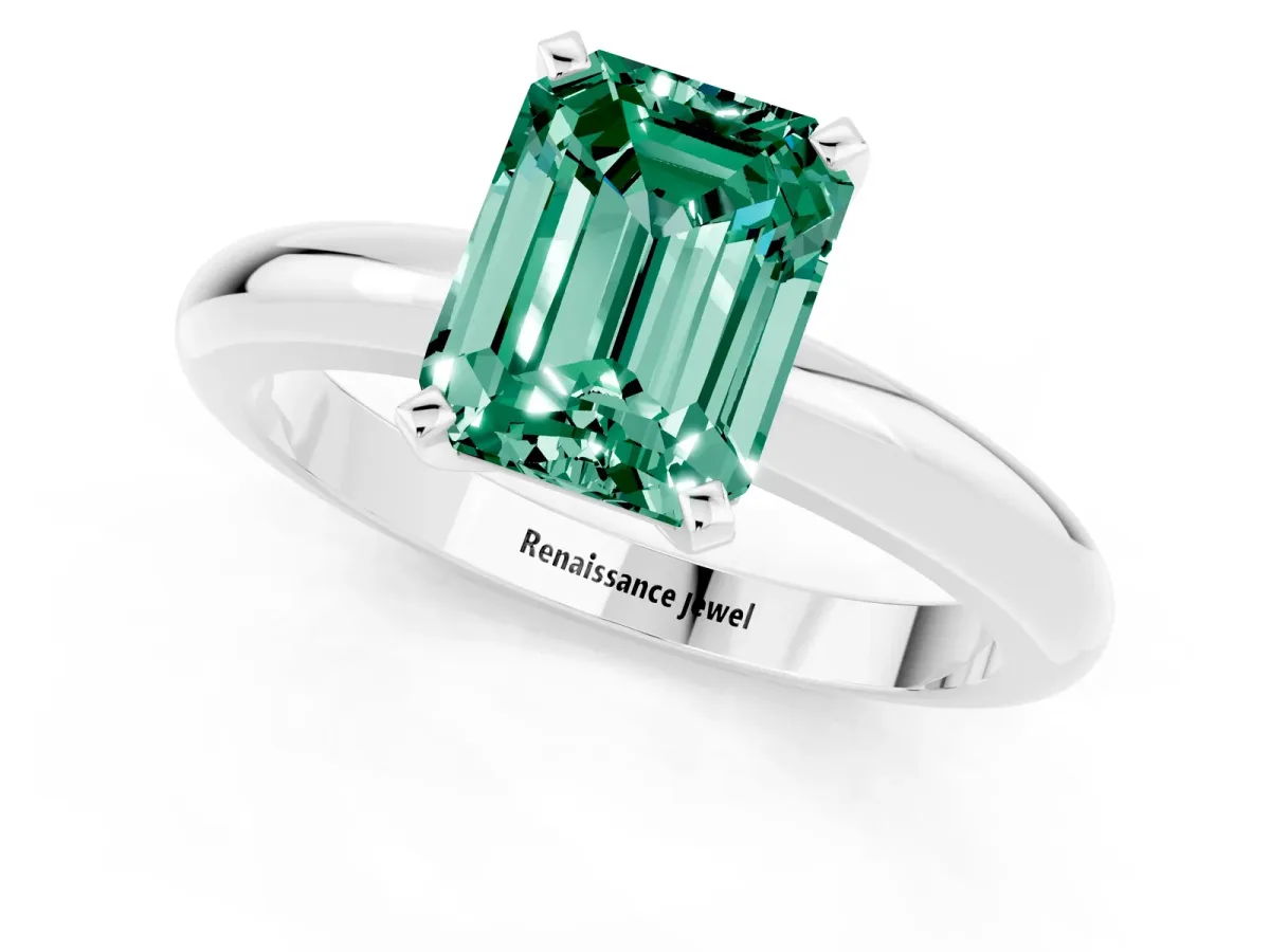 Emerald Cut Green Sapphire Solitaire Engagement Ring with Round Band and Four-Prong Setting Platinum