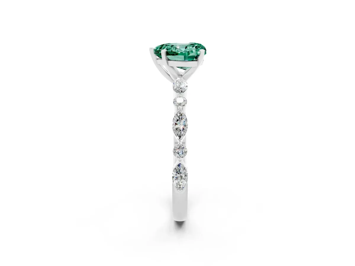 Heart Cut Green Sapphire Ring with Marquise and Round Side Stones and Four-Prong Setting Platinum