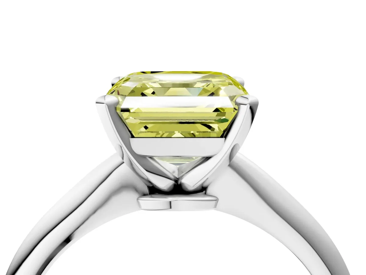 Fancy Yellow Asscher Cut Diamond Solitaire Engagement Ring with Classic Band and Four-Prong Setting Platinum