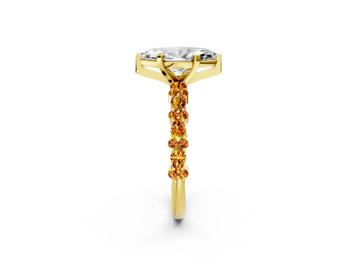 Marquise Cut Diamond Side Stone Solitaire Ring with Round Citrine and Four-Prong Setting Yellow gold