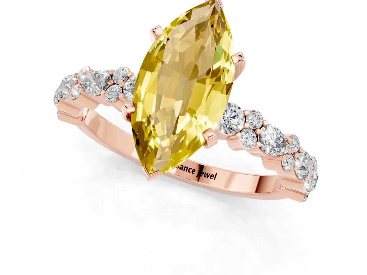 Marquise Cut Yellow Sapphire Side Stone Solitaire Ring with Round and Four-Prong Setting Rose gold