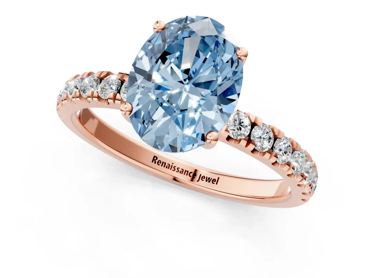 Fancy Blue Oval Cut Diamond Pave Band Solitaire Ring with Round and Prong Setting Rose gold