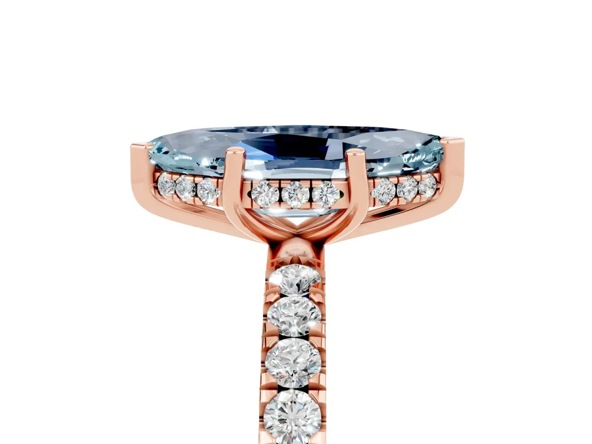 Marquise Cut Aquamarine Pave Band Solitaire Ring with Round and Prong Setting Rose gold