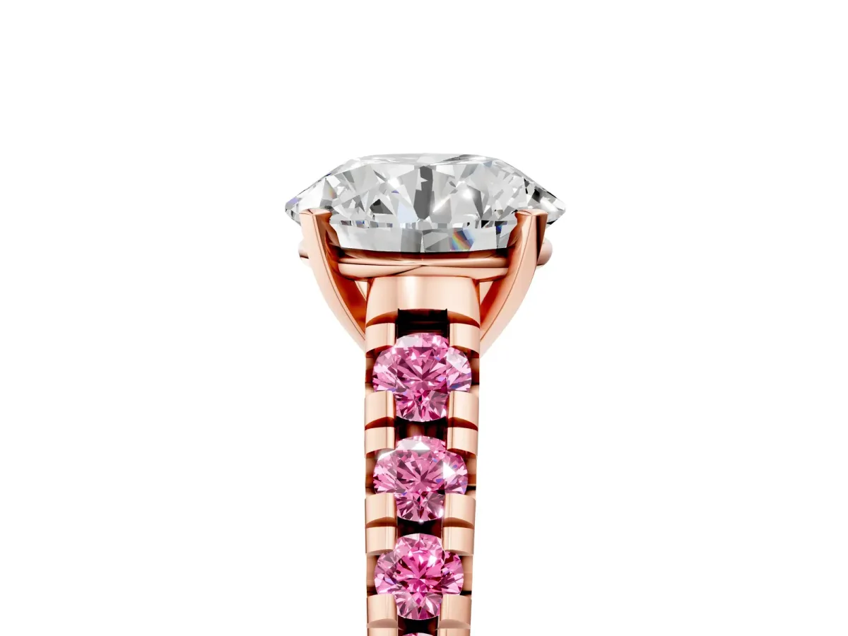 Round Cut Diamond Cathedral Solitaire Ring with Round Pink Sapphire Pavé Band Rose gold