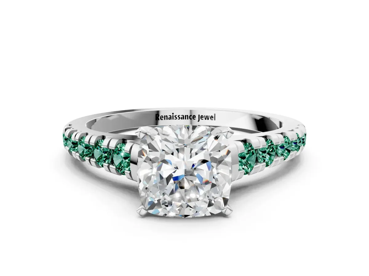 Cushion Cut Diamond Cathedral Solitaire Ring with Round Green Sapphire Pavé Band Silver