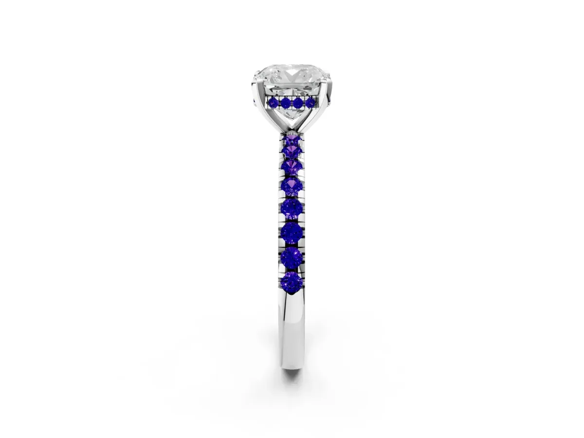 Cushion Cut Diamond Solitaire Ring with Round Tanzanite Pavé Band and Four-Prong Setting Silver
