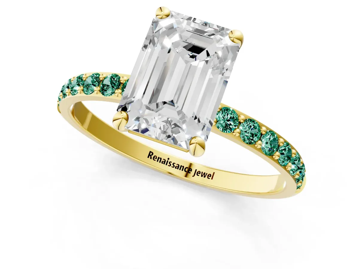 Emerald Cut Diamond Solitaire Ring with Round Green Sapphire Pavé Band and Prong Setting Yellow gold