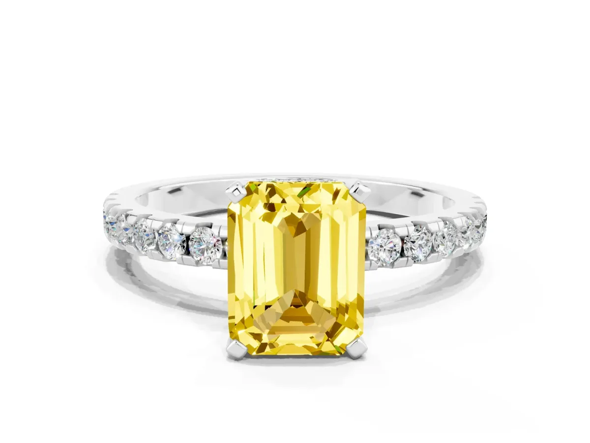 Emerald Cut Yellow Sapphire Solitaire Ring with Round Pavé Band and Four-Prong Setting Platinum