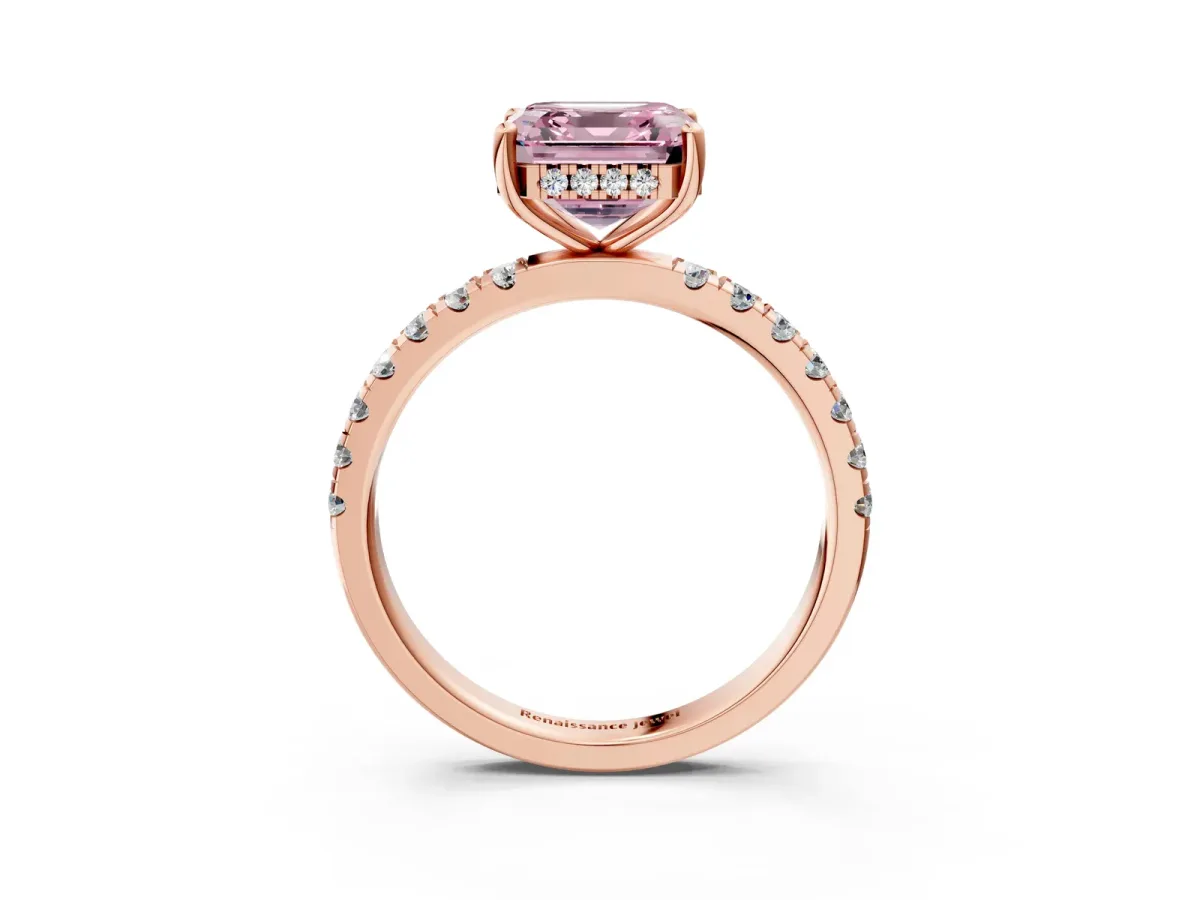 Fancy Pink Asscher Cut Diamond Pave Band Solitaire Ring with Round and Prong Setting Rose gold