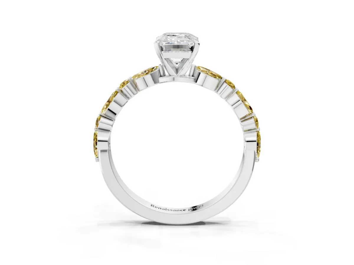 Emerald Cut Diamond Ring with Marquise and Round Yellow Sapphire Side Stones and Four-Prong Setting Silver