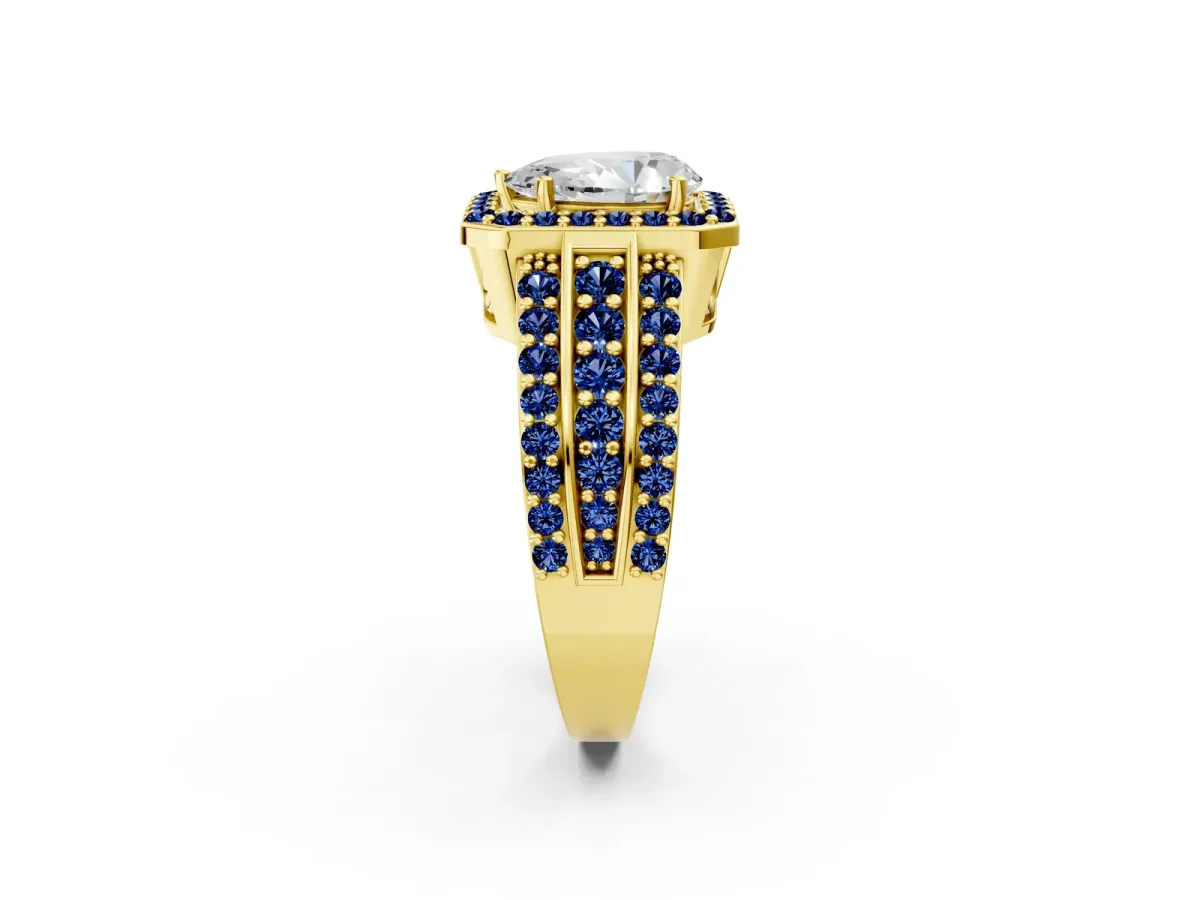Pear Cut Halo Diamond Ring with Round Blue Sapphire Split Shank and Prong Setting Yellow gold