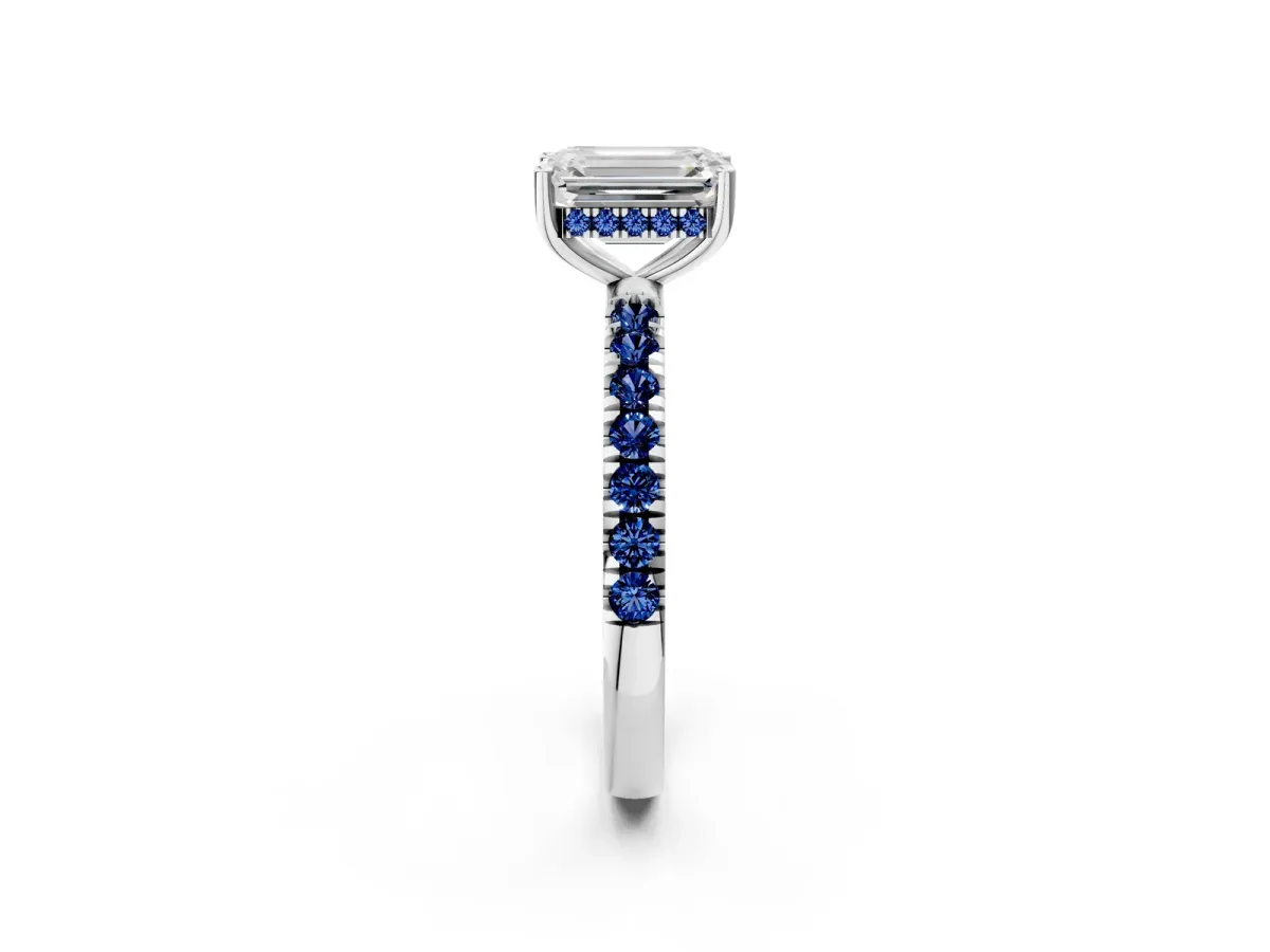 Emerald Cut Diamond Pave Band Solitaire Ring with Round Blue Sapphire and Prong Setting White gold