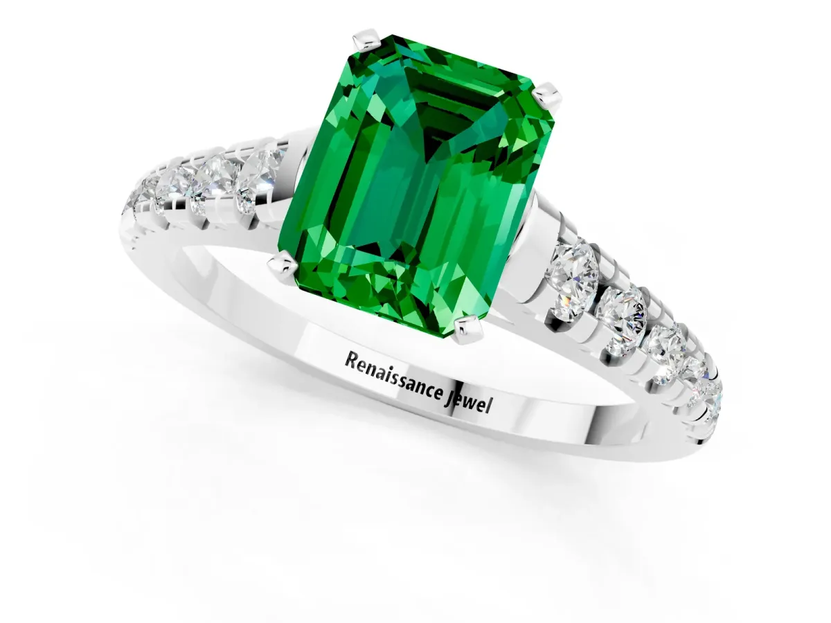 Emerald Cut Emerald Cathedral Solitaire Ring with Round Pavé Band Platinum