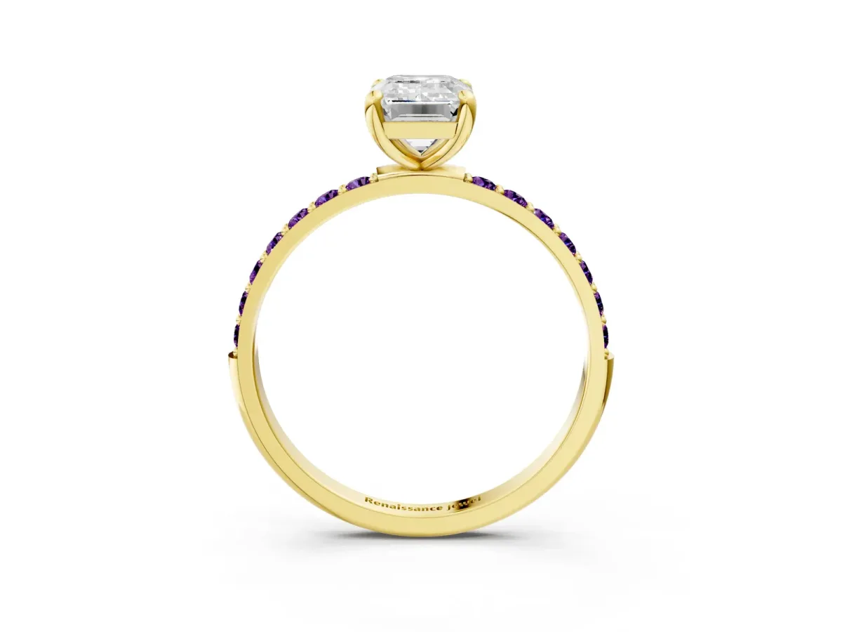 Emerald Cut Diamond Solitaire Ring with Round Amethyst Pavé Band and Prong Setting Yellow gold