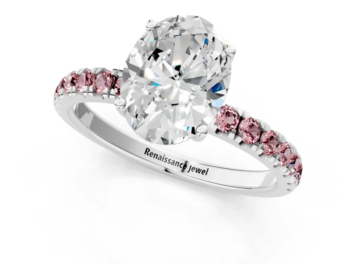 Oval Cut Diamond Pave Band Solitaire Ring with Round Morganite and Prong Setting White gold