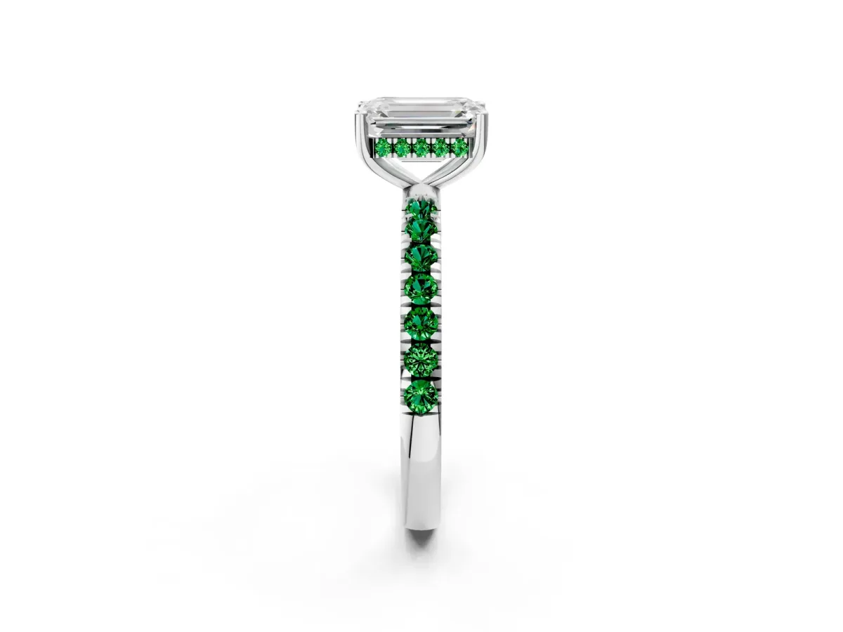 Emerald Cut Diamond Pave Band Solitaire Ring with Round Emerald and Prong Setting Platinum