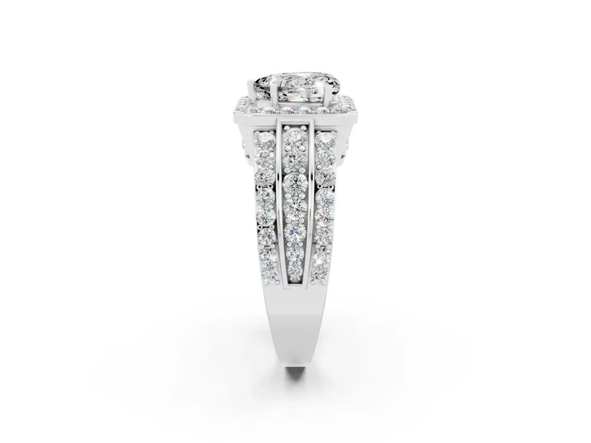 Heart Cut Halo Moissanite Ring with Round Split Shank and Prong Setting White gold
