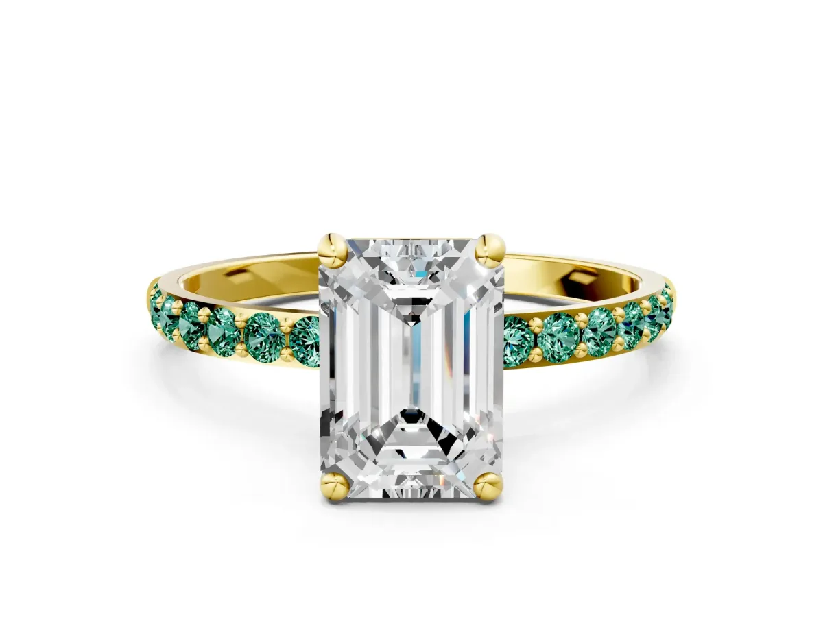 Emerald Cut Diamond Solitaire Ring with Round Green Sapphire Pavé Band and Prong Setting Yellow gold