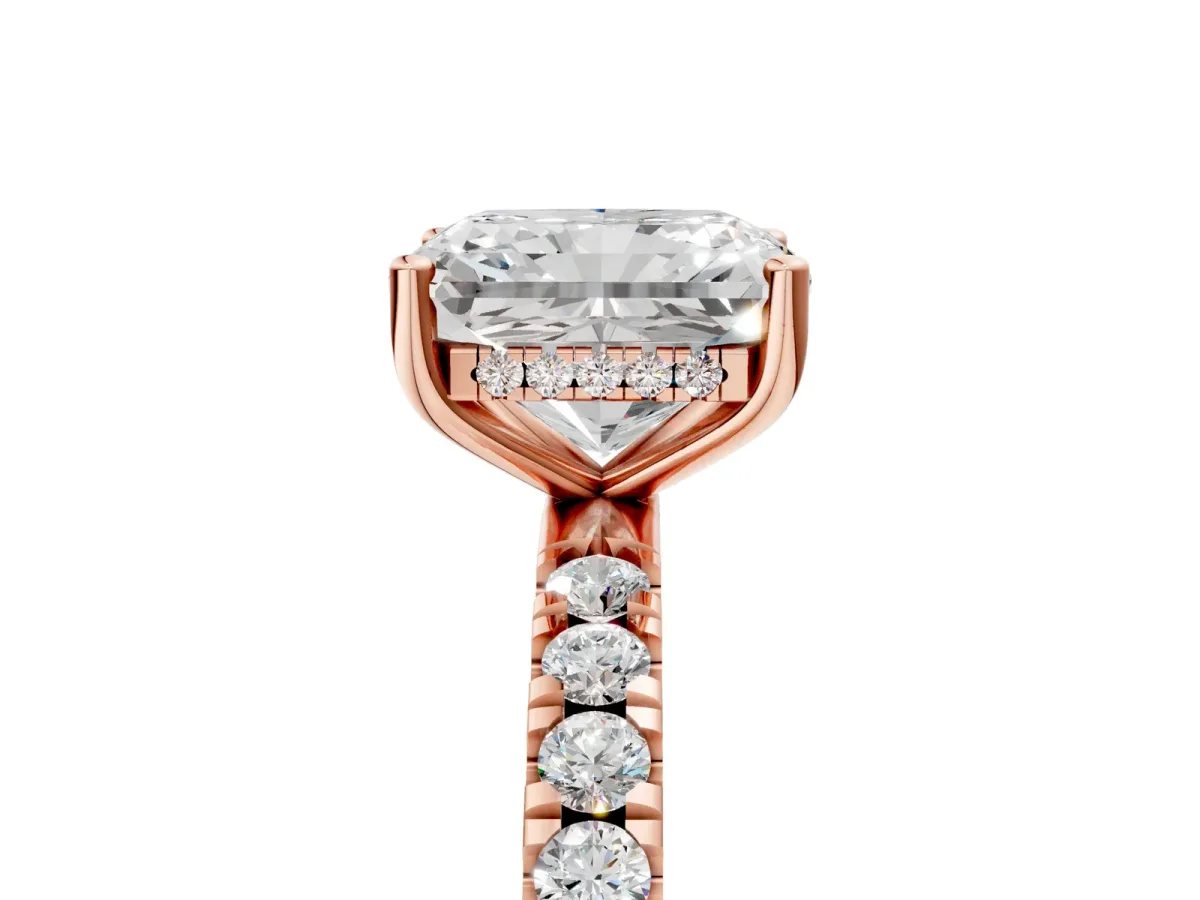 Radiant Cut Diamond Pave Band Solitaire Ring with Round and Prong Setting Rose gold