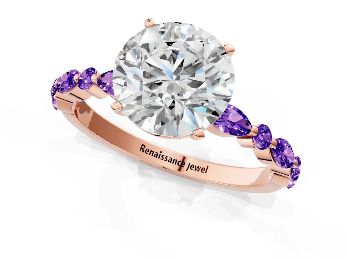 Round Cut Diamond Ring with Marquise and Round Tanzanite Side Stones and Four-Prong Setting Rose gold