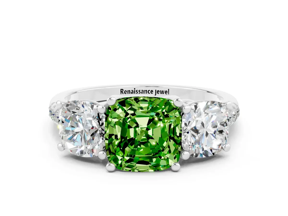 Three-Stone Cushion Cut Peridot Ring with Round Pavé Band and Prong Setting Platinum