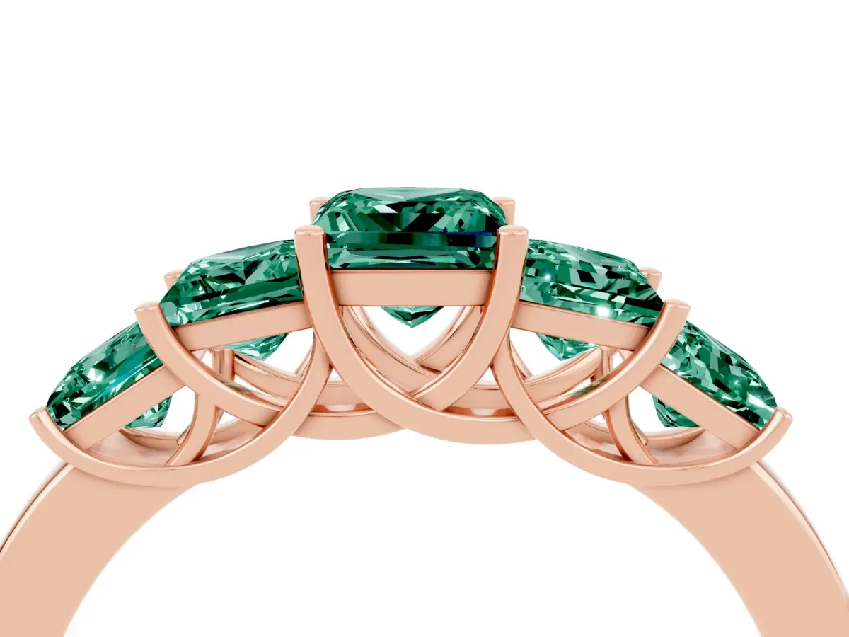 Princess Cut Five-Stone Green Sapphire Ring with Classic Prong Setting Rose gold