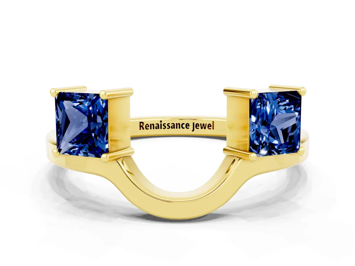 Princess Cut Blue Sapphire Two-Stone Open Band Ring with Four-Prong Setting Yellow gold